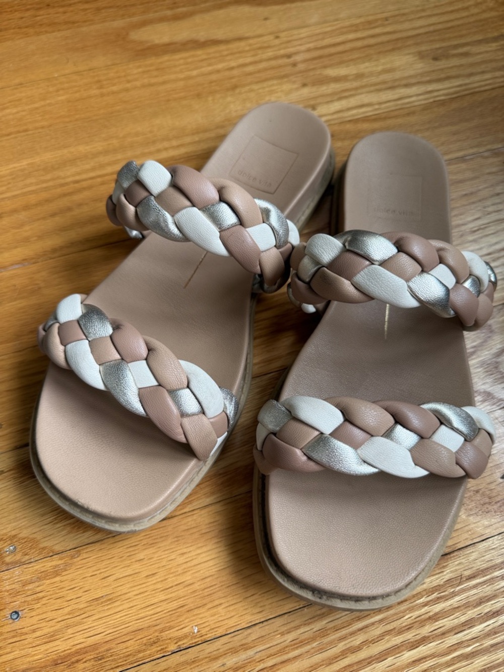 Dolce Vita Two-Strap Braided Slide Sandals in Beige and Ivory